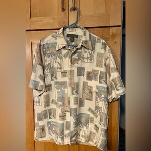 Tori Richard Silk Cream and Gray Travel Print Shirt Size Large